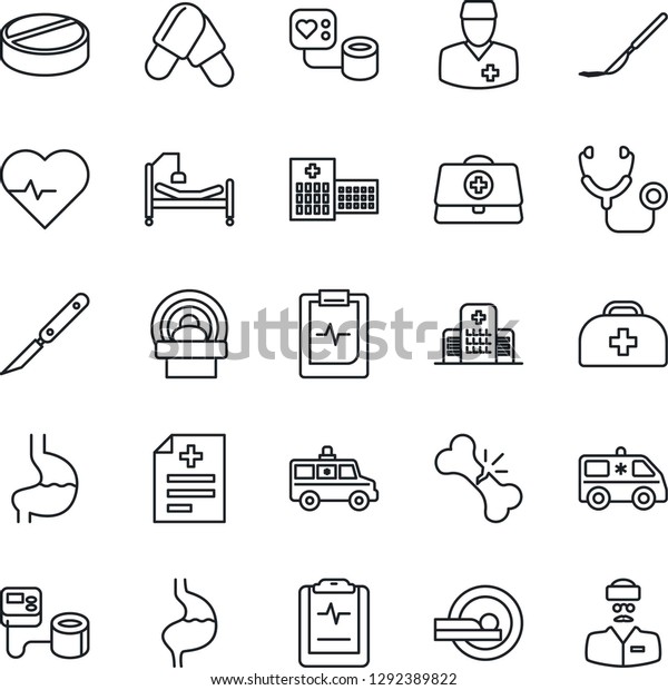 Thin\
Line Icon Set - heart pulse vector, doctor case, diagnosis,\
stethoscope, blood pressure, pills, scalpel, tomography, ambulance\
car, hospital bed, stomach, broken bone,\
clipboard