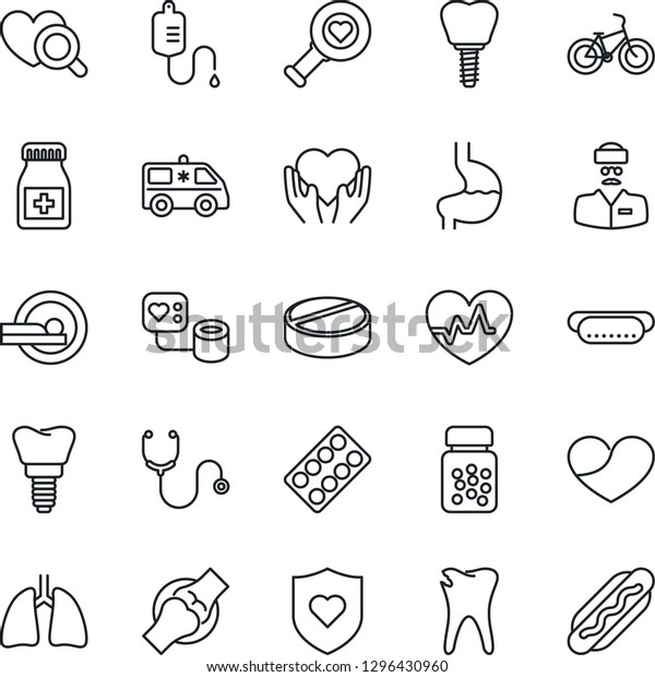 Thin Line Icon Set - heart pulse vector,
stethoscope, blood pressure, dropper, diagnostic, pills, bottle,
blister, tomography, ambulance car, bike, shield, hand, stomach,
lungs, caries, implant