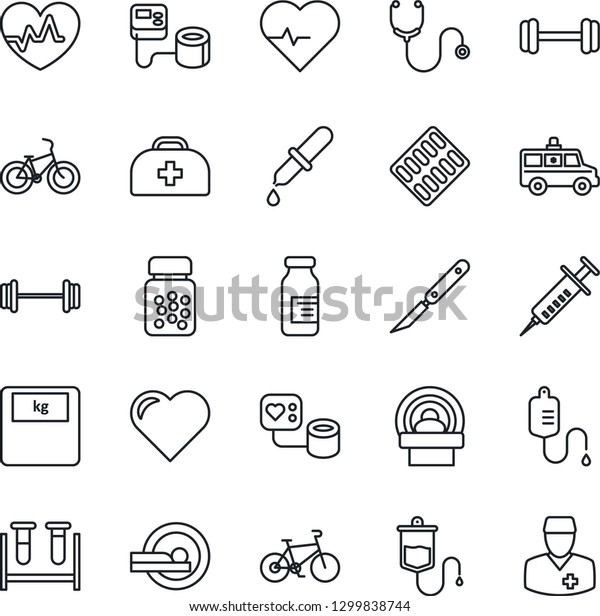 Thin Line Icon Set - heart vector, pulse, doctor\
case, stethoscope, syringe, blood pressure, test vial, dropper,\
scales, pills bottle, blister, ampoule, scalpel, tomography,\
ambulance car, barbell