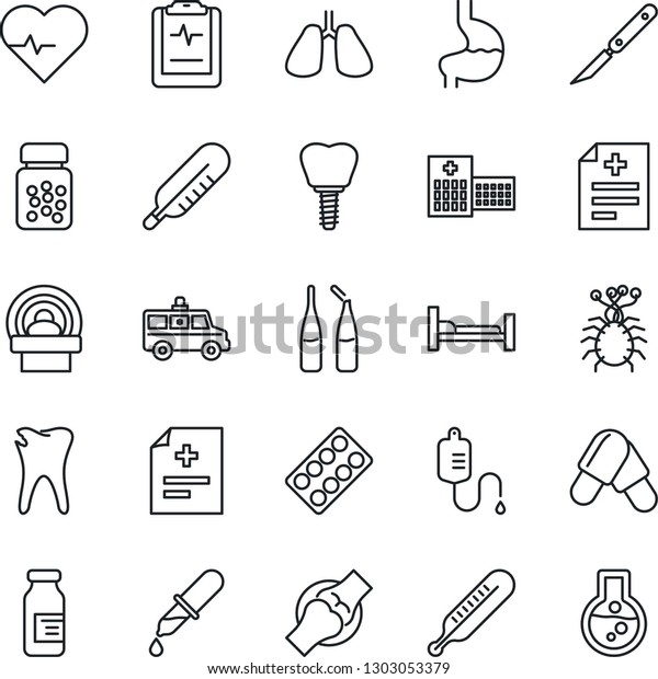 Thin Line Icon Set - heart pulse vector, diagnosis,\
dropper, thermometer, pills, bottle, blister, ampoule, scalpel,\
tomography, ambulance car, hospital bed, stomach, lungs, caries,\
implant, joint