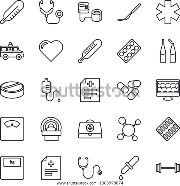 Thin Line Icon Set - heart vector, monitor pulse,\
doctor case, diagnosis, molecule, stethoscope, blood pressure,\
dropper, thermometer, scales, pills, blister, ampoule, scalpel,\
tomography, car