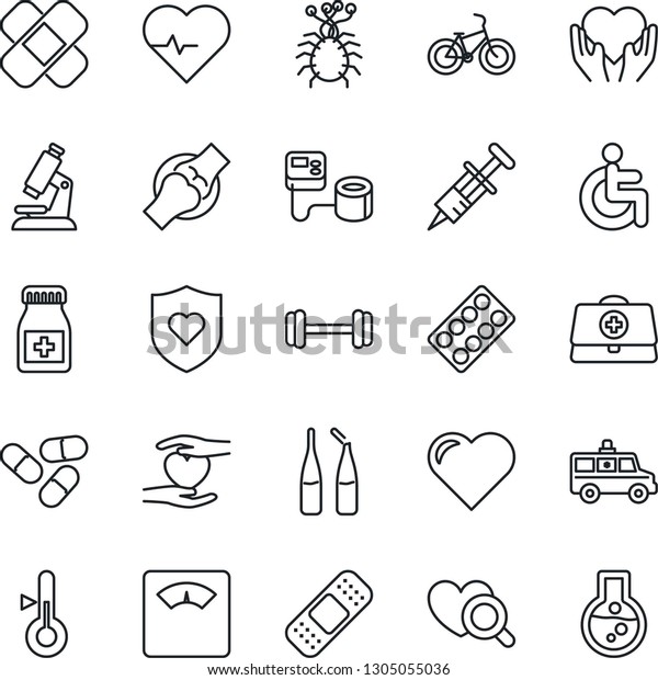 Thin Line Icon Set - heart vector, pulse, doctor\
case, syringe, blood pressure, diagnostic, microscope, scales,\
pills, bottle, blister, ampoule, patch, ambulance car, barbell,\
bike, shield, disabled