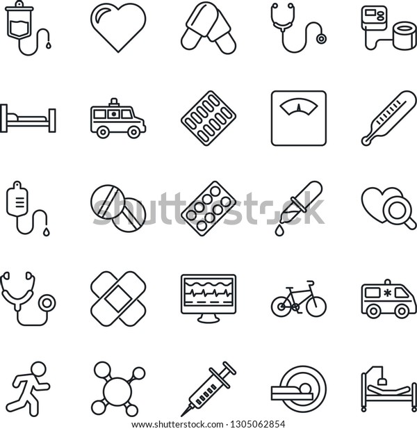 Thin Line Icon Set - heart vector, monitor pulse,
molecule, stethoscope, syringe, blood pressure, dropper,
thermometer, diagnostic, scales, pills, blister, patch, tomography,
ambulance car, bike