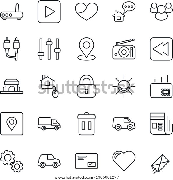 Thin Line Icon Set - heart vector, car delivery,\
radio, news, group, mail, play button, rewind, rca, tuning, place\
tag, lock, cafe building, home control, router, trash bin, alarm\
led, message, gear
