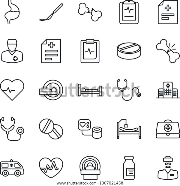 Thin Line Icon Set - heart pulse vector, doctor\
case, diagnosis, stethoscope, blood pressure, pills, ampoule,\
scalpel, tomography, ambulance car, hospital bed, stomach, broken\
bone, clipboard