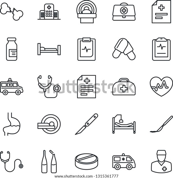Thin Line
Icon Set - heart pulse vector, doctor case, diagnosis, stethoscope,
pills, ampoule, scalpel, tomography, ambulance car, hospital bed,
stomach, broken bone,
clipboard