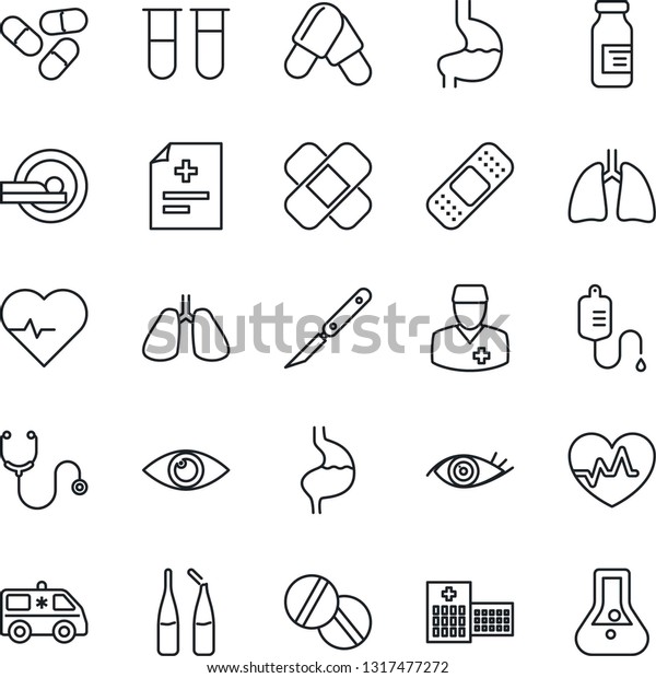 Thin Line Icon Set - heart pulse vector, diagnosis,\
stethoscope, blood test vial, dropper, pills, ampoule, scalpel,\
patch, tomography, ambulance car, stomach, lungs, eye, hospital,\
doctor, flask