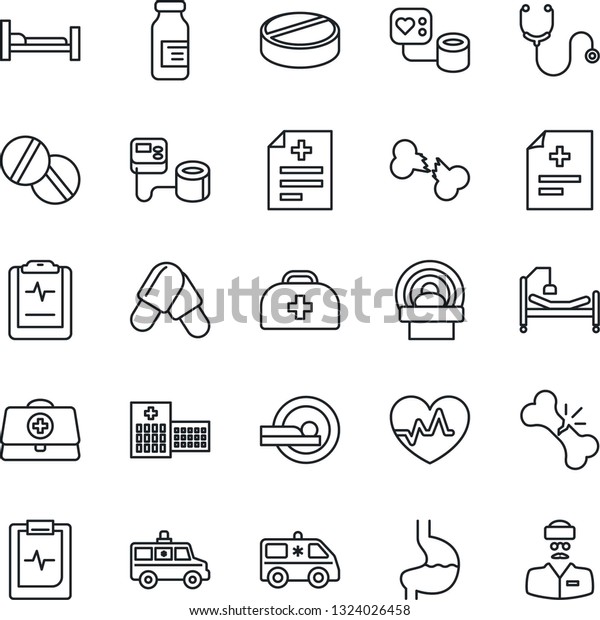 Thin\
Line Icon Set - heart pulse vector, doctor case, diagnosis,\
stethoscope, blood pressure, pills, ampoule, tomography, ambulance\
car, hospital bed, stomach, broken bone,\
clipboard