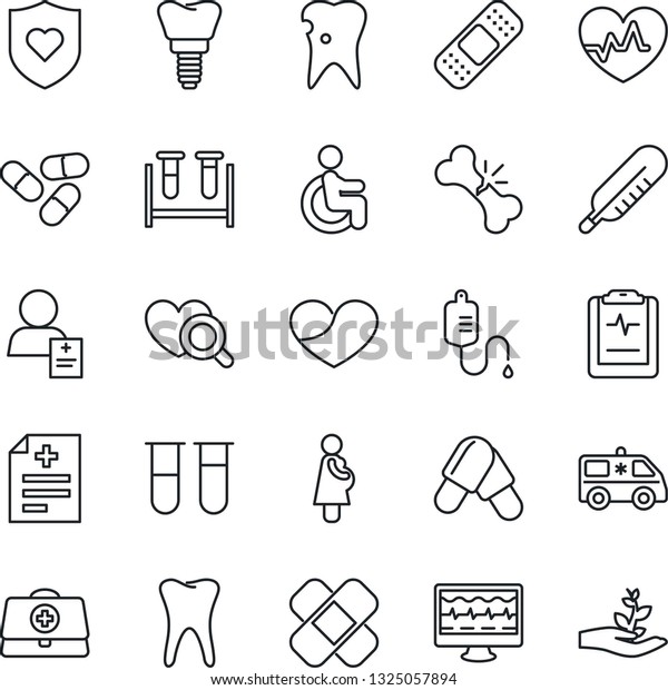 Thin Line Icon Set - heart pulse vector, monitor,
doctor case, diagnosis, blood test vial, dropper, thermometer,
diagnostic, pills, patch, ambulance car, shield, disabled, tooth,
caries, implant