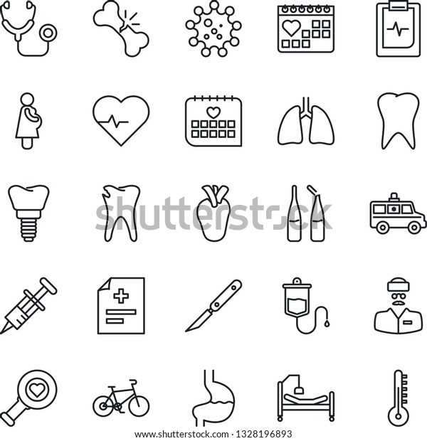 Thin Line Icon Set - heart pulse vector,\
diagnosis, stethoscope, syringe, dropper, diagnostic, ampoule,\
scalpel, ambulance car, bike, hospital bed, stomach, lungs, real,\
tooth, caries, implant
