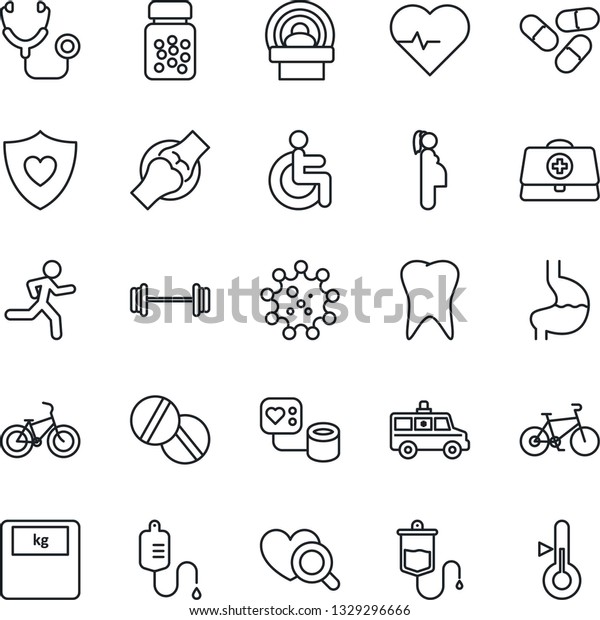 Thin Line Icon Set - heart pulse vector, doctor\
case, stethoscope, blood pressure, dropper, diagnostic, scales,\
pills, bottle, tomography, ambulance car, barbell, bike, run,\
shield, disabled, tooth