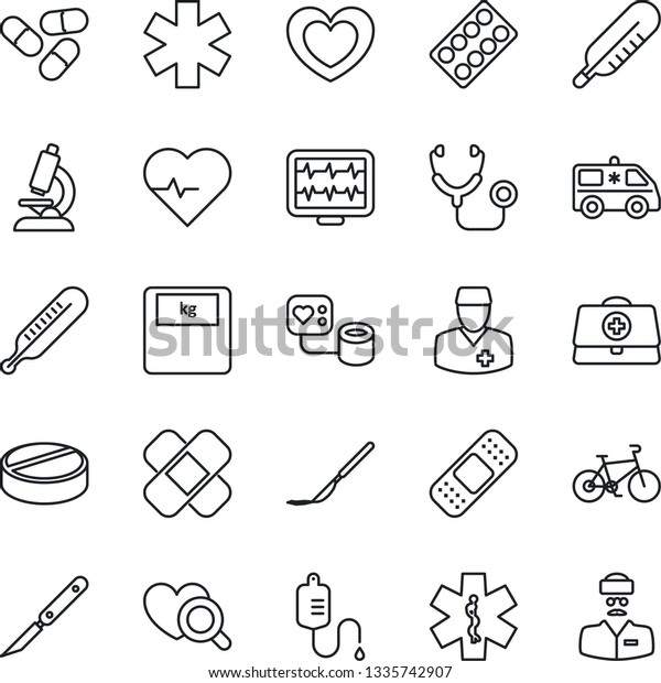 Thin Line Icon Set - heart vector, pulse, monitor,\
doctor case, stethoscope, blood pressure, dropper, thermometer,\
diagnostic, microscope, scales, pills, blister, scalpel, patch,\
ambulance star, car