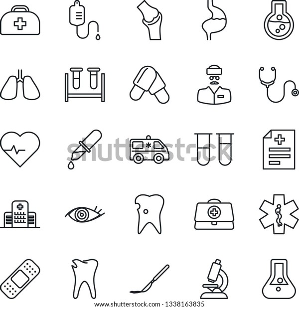 Thin Line Icon Set - heart pulse vector, doctor\
case, diagnosis, stethoscope, blood test vial, dropper, microscope,\
pills, scalpel, patch, ambulance star, car, stomach, lungs, caries,\
eye, joint