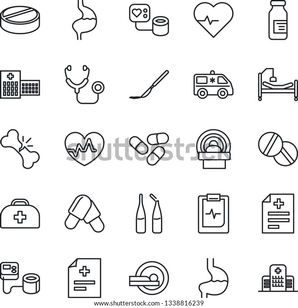 Thin Line Icon Set - heart pulse vector, doctor\
case, diagnosis, stethoscope, blood pressure, pills, ampoule,\
scalpel, tomography, ambulance car, hospital bed, stomach, broken\
bone, clipboard