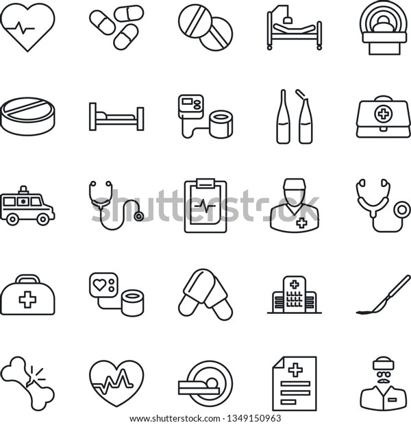 Thin\
Line Icon Set - heart pulse vector, doctor case, diagnosis,\
stethoscope, blood pressure, pills, ampoule, scalpel, tomography,\
ambulance car, hospital bed, broken bone,\
clipboard