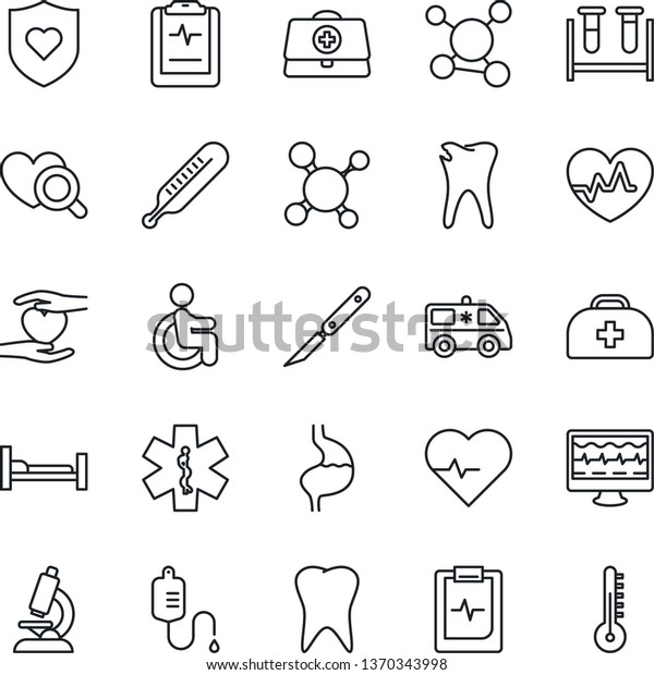 Thin Line Icon Set - heart pulse vector,
monitor, doctor case, molecule, blood test vial, dropper,
thermometer, diagnostic, microscope, scalpel, ambulance star, car,
shield, hospital bed,
disabled