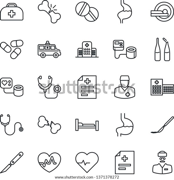 Thin\
Line Icon Set - heart pulse vector, doctor case, diagnosis,\
stethoscope, blood pressure, pills, ampoule, scalpel, tomography,\
ambulance car, hospital bed, stomach, broken\
bone