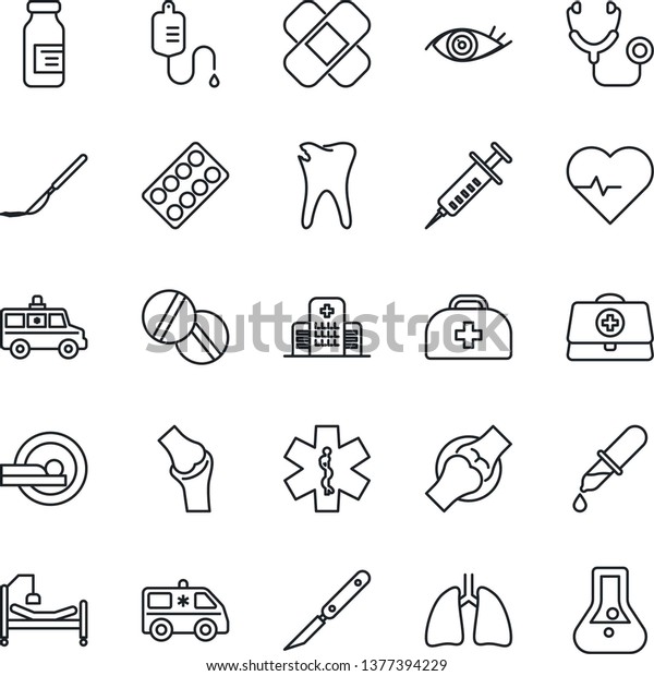 Thin Line Icon Set - heart pulse vector, doctor
case, stethoscope, syringe, dropper, pills, blister, ampoule,
scalpel, patch, tomography, ambulance star, car, hospital bed,
lungs, caries, eye, joint