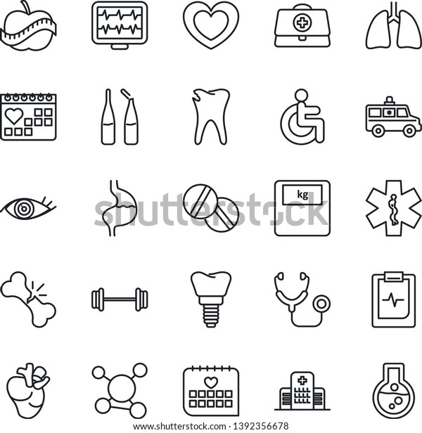 Thin Line Icon Set - heart vector, monitor pulse,
doctor case, stethoscope, scales, pills, ampoule, ambulance star,
car, barbell, disabled, stomach, lungs, real, caries, implant, eye,
broken bone