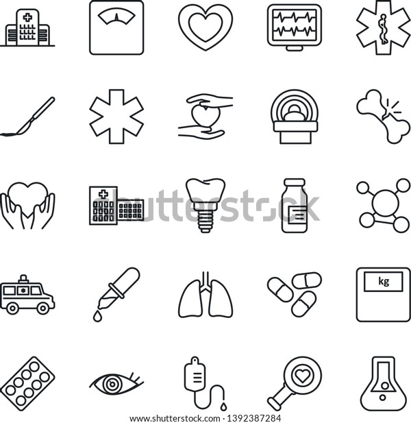 Thin Line Icon Set - heart vector, monitor\
pulse, dropper, diagnostic, scales, pills, blister, ampoule,\
scalpel, tomography, ambulance star, car, hand, lungs, implant,\
eye, broken bone,\
hospital