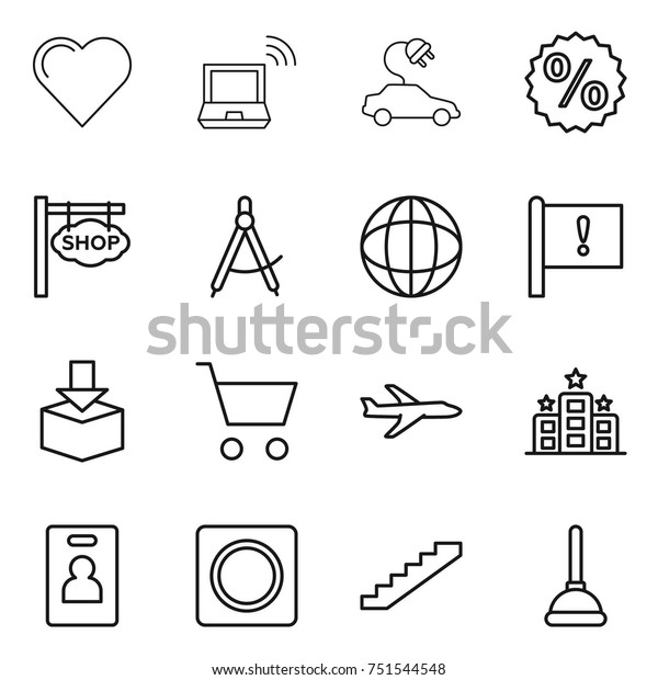 thin line icon set : heart, notebook wireless,
electric car, percent, shop signboard, draw compass, globe,
important flag, package, cart, plane, hotel, identity card, ring
button, stairs, plunger