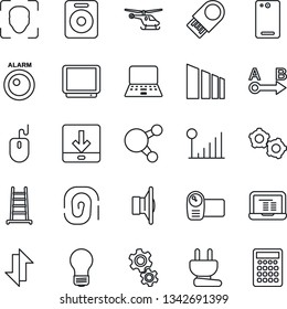 Thin Line Icon Set - helicopter vector, gear, mouse, notebook pc, bulb, ladder, sorting, route, speaker, tv, video camera, share, phone back, data exchange, download, face id, cellular signal