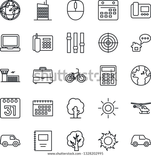 Thin Line Icon Set - helicopter vector, airport\
building, mouse, tree, sun, bike, earth, settings, laptop pc,\
calendar, case, copybook, calculator, office phone, target, city\
house, intercome, car