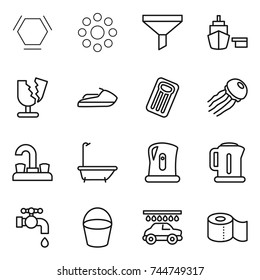 thin line icon set : hex molecule, round around, funnel, port, broken, jet ski, inflatable mattress, jellyfish, water tap, bath, kettle, bucket, car wash, toilet paper