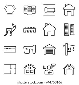 thin line icon set : hex molecule, server, nano tube, home, greate wall, bridge, skyscrapers, bunker, slum, garage, tower crane, plan, house, architector, barn