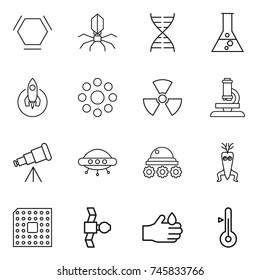 thin line icon set : hex molecule, virus, dna, flask, rocket, round around, nuclear, microscope, telescope, ufo, lunar rover, modify, cpu, satellite, acid, thermometer