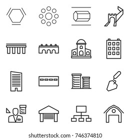 thin line icon set : hex molecule, round around, nano tube, greate wall, bridge, mansion, building, skyscraper, bunker, district, construction, architector, garage, hierarchy, barn