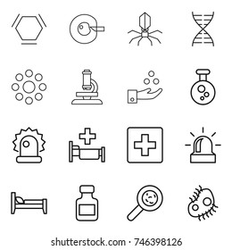 thin line icon set : hex molecule, cell corection, virus, dna, round around, microscope, chemical industry, alarm, hospital, first aid, bed, pills bottle, viruses, microb