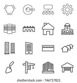thin line icon set : hex molecule, cell corection, structure, round around, server, bridge, home, mansion, skyscrapers, skyscraper, bunker, houses, construction, tower crane, office, garage