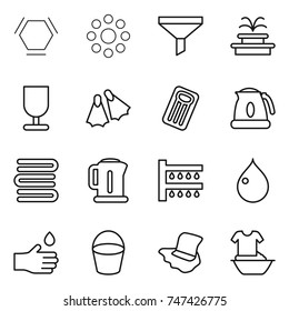 thin line icon set : hex molecule, round around, funnel, fountain, fragile, flippers, inflatable mattress, kettle, towels, watering, drop, hand, bucket, floor washing, handle