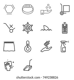 thin line icon set : hex molecule, smart bracelet, chemical industry, cargo stoller, do not trolley sign, handwheel, shark flipper, remote control, curtain, thermometer, harvest, sprayer, wiping
