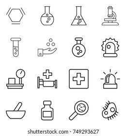 thin line icon set : hex molecule, round flask, microscope, vial, chemical industry, alarm, warehouse scales, hospital, first aid, mortar, pills bottle, viruses, microb