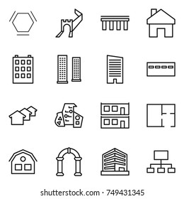 thin line icon set : hex molecule, greate wall, bridge, home, building, skyscrapers, skyscraper, bunker, houses, modern architecture, modular house, plan, arch, office, hierarchy