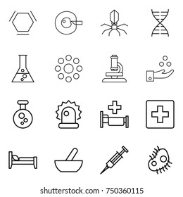 thin line icon set : hex molecule, cell corection, virus, dna, flask, round around, microscope, chemical industry, alarm, hospital, first aid, bed, mortar, syringe, microb