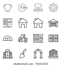thin line icon set : hex molecule, cell corection, structure, round around, server, home, garage, hangare, modern architecture, modular house, panel, building, construction, arch, office