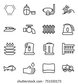 thin line icon set : hex molecule, port, diving mask, surfer, yacht, water tap, radiator, kettle, plate washing, watering, fish, hand drop, sponge, home call cleaning