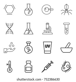 thin line icon set : hex molecule, round flask, cell corection, virus, dna, microscope, vial, chemical industry, uv cream, mortar, thermometer, pills bottle, syringe, microb
