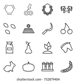 thin line icon set : hex molecule, infinity power, hawaiian wreath, palm hammock, seeds, field, sickle, cherry, flour, pear, sprouting, horse, rabbit, pumpkin, grain elevator, peas