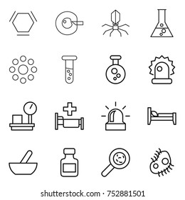 thin line icon set : hex molecule, cell corection, virus, flask, round around, vial, chemical, alarm, warehouse scales, hospital, bed, mortar, pills bottle, viruses, microb