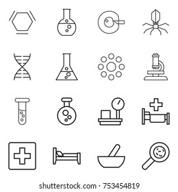 thin line icon set : hex molecule, round flask, cell corection, virus, dna, around, microscope, vial, chemical, warehouse scales, hospital, first aid, bed, mortar, viruses