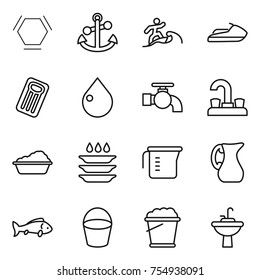 thin line icon set : hex molecule, anchor, surfer, jet ski, inflatable mattress, drop, water tap, washing, plate, measuring cup, jug, fish, bucket, foam, sink