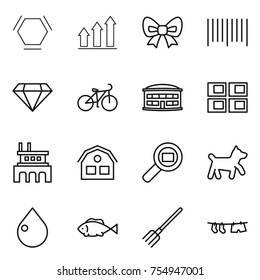 thin line icon set : hex molecule, graph up, bow, bar code, diamond, bike, airport building, panel house, factory, cargo search, dog, drop, fish, fork, drying clothe