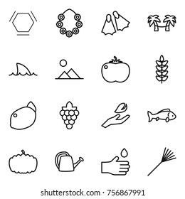 Thin line icon set : hex molecule, hawaiian wreath, flippers, palm hammock, shark flipper, landscape, tomato, spikelets, lemon, grape, hand leaf, fish, pumpkin, watering can, drop, rake