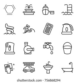 Thin line icon set : hex molecule, fountain, port, pool, aquapark, surfer, inflatable mattress, kettle, water pump, tap, bucket, wiping, car wash, sink, bath
