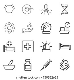 Thin line icon set : hex molecule, cell corection, virus, dna, round around, chemical industry, alarm, warehouse scales, hospital, first aid, bed, mortar, pills bottle, syringe, microb