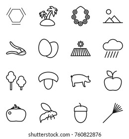 Thin line icon set : hex molecule, island, hawaiian wreath, landscape, walnut crack, eggs, field, rain cloud, trees, mushroom, pig, apple, tomato, wasp, acorn, rake